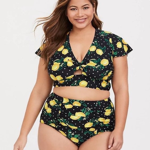 torrid Other - Torrid Lemon Dot Short Sleeve Bikini Top (2X) & Ruched Swim Bottom (0X)